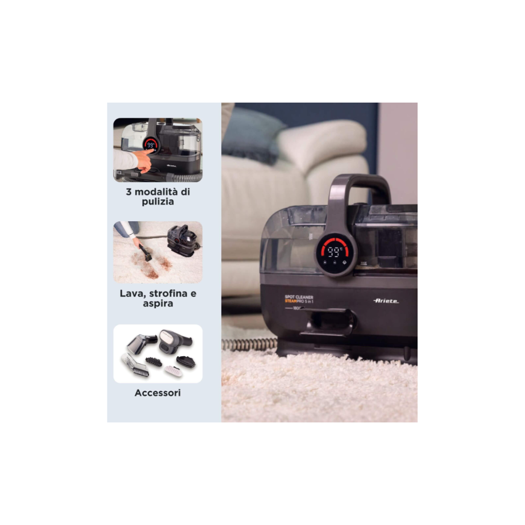 Ariete Pulitore A Vapore Per Tappeti e Tappezzeria Spot Cleaner Steam Pro 5 in 1 Mod.2484