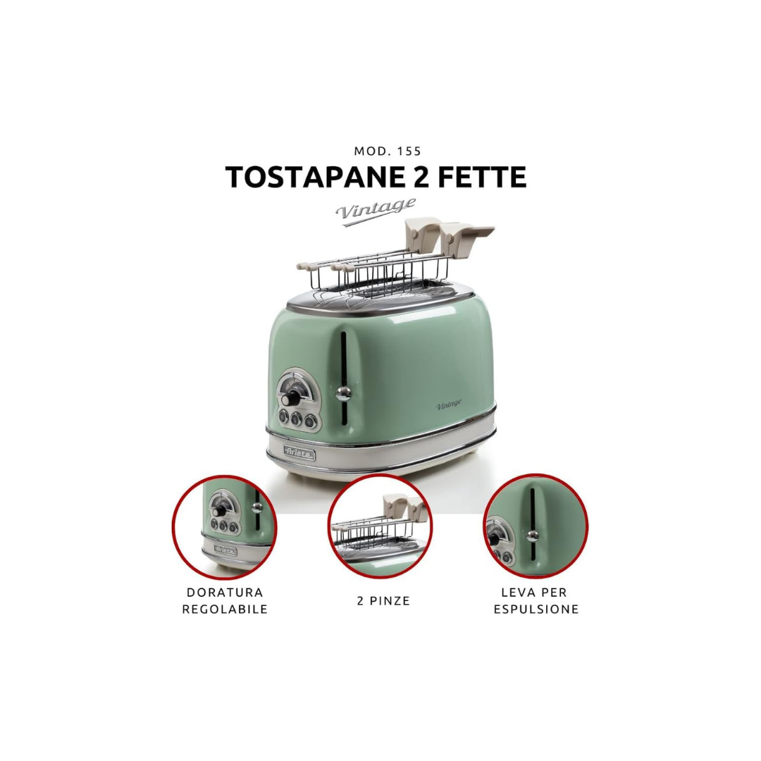 Ariete Tostapane Vintage Doppia Fetta Con Pinze - Verde Mod. 0155/04